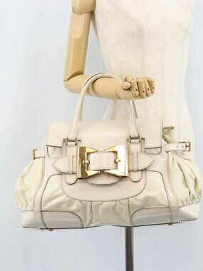 GUCCI Hand Bag Leather White Gold 189883 Auth ka2690